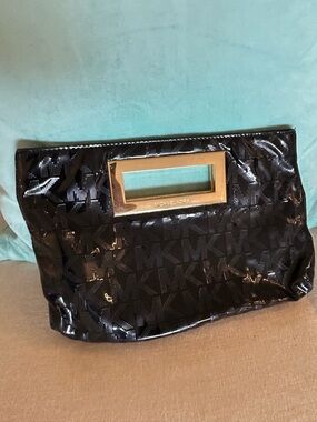 Michael Kors Black Patent MK Logo Wristlet Clutch with Gold-Tone Handle